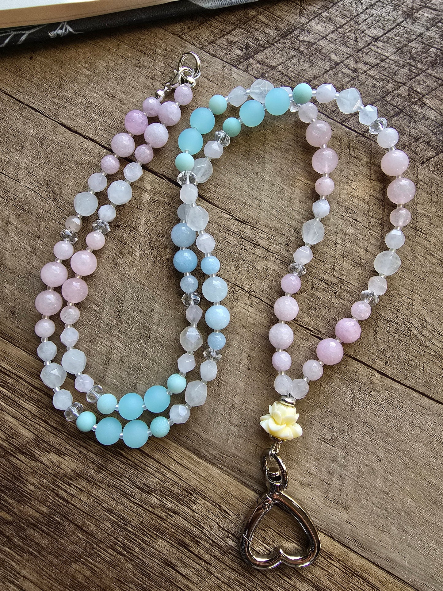 Beaded Teacher Lanyard | Lotus Flower Lanyard | Rose Quartz & Kunzite Lanyard | Personalized | Handmade