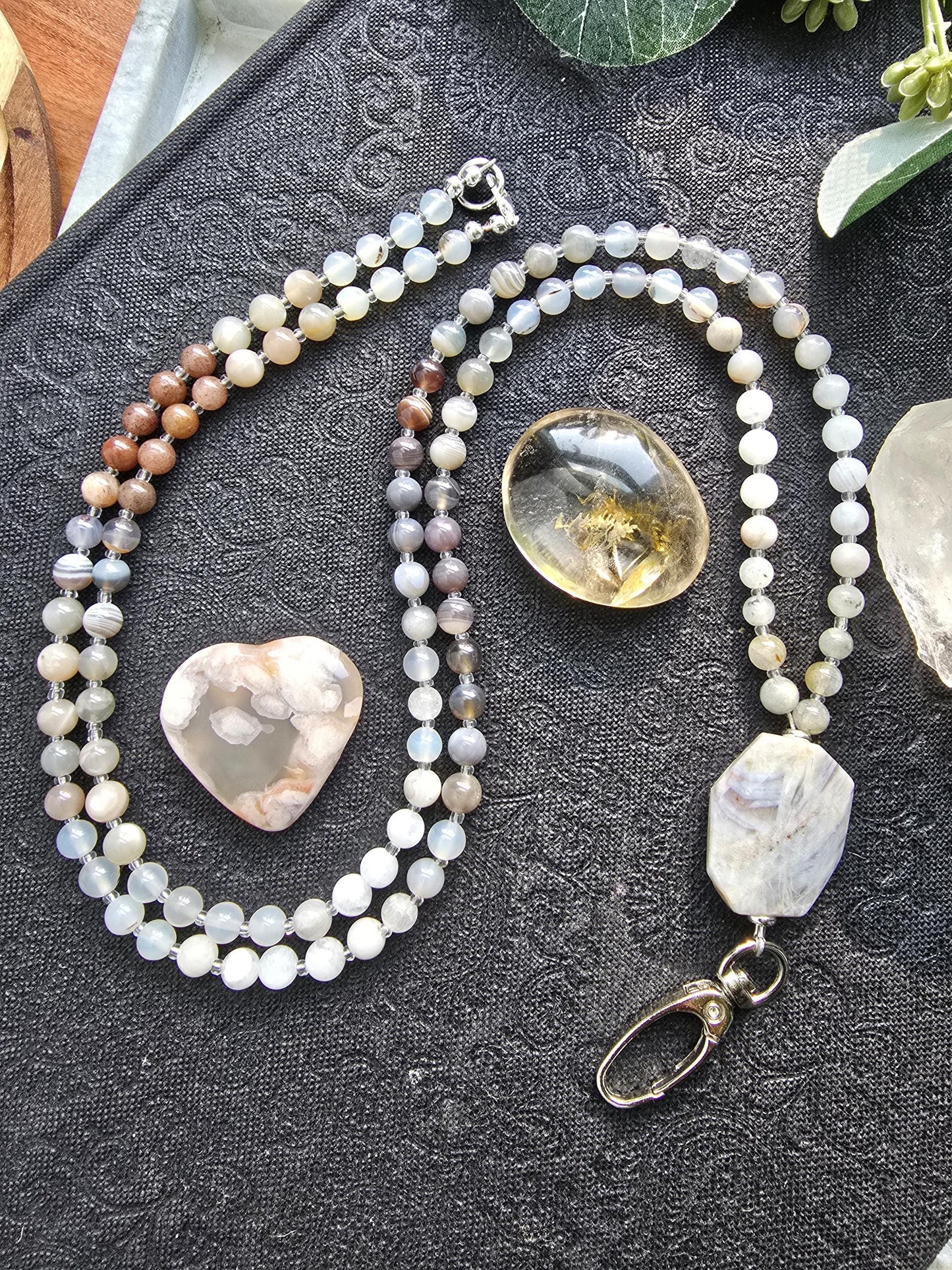 Beaded Lanyard with Botswana Agate, Labradorite, Grey Agate | Natural Gemstone Lanyard | Personalized