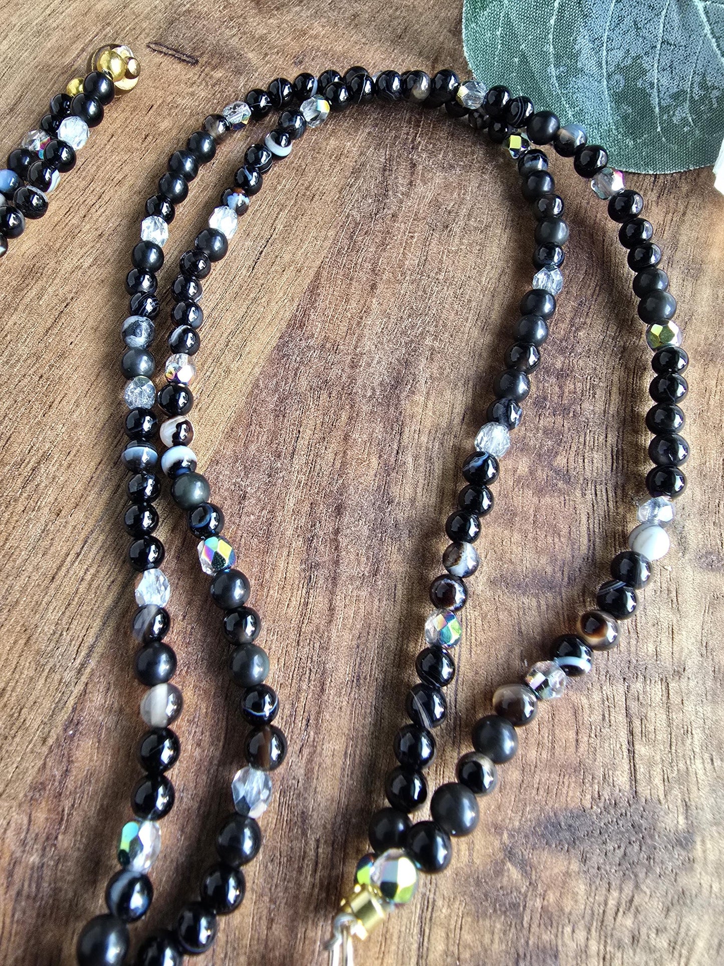 Dainty Black Sardonyx Gemstone Lanyard | 4mm Beaded ID Holder | Magnetic Clasp Jewelry Lanyard | Personalized | Handmade