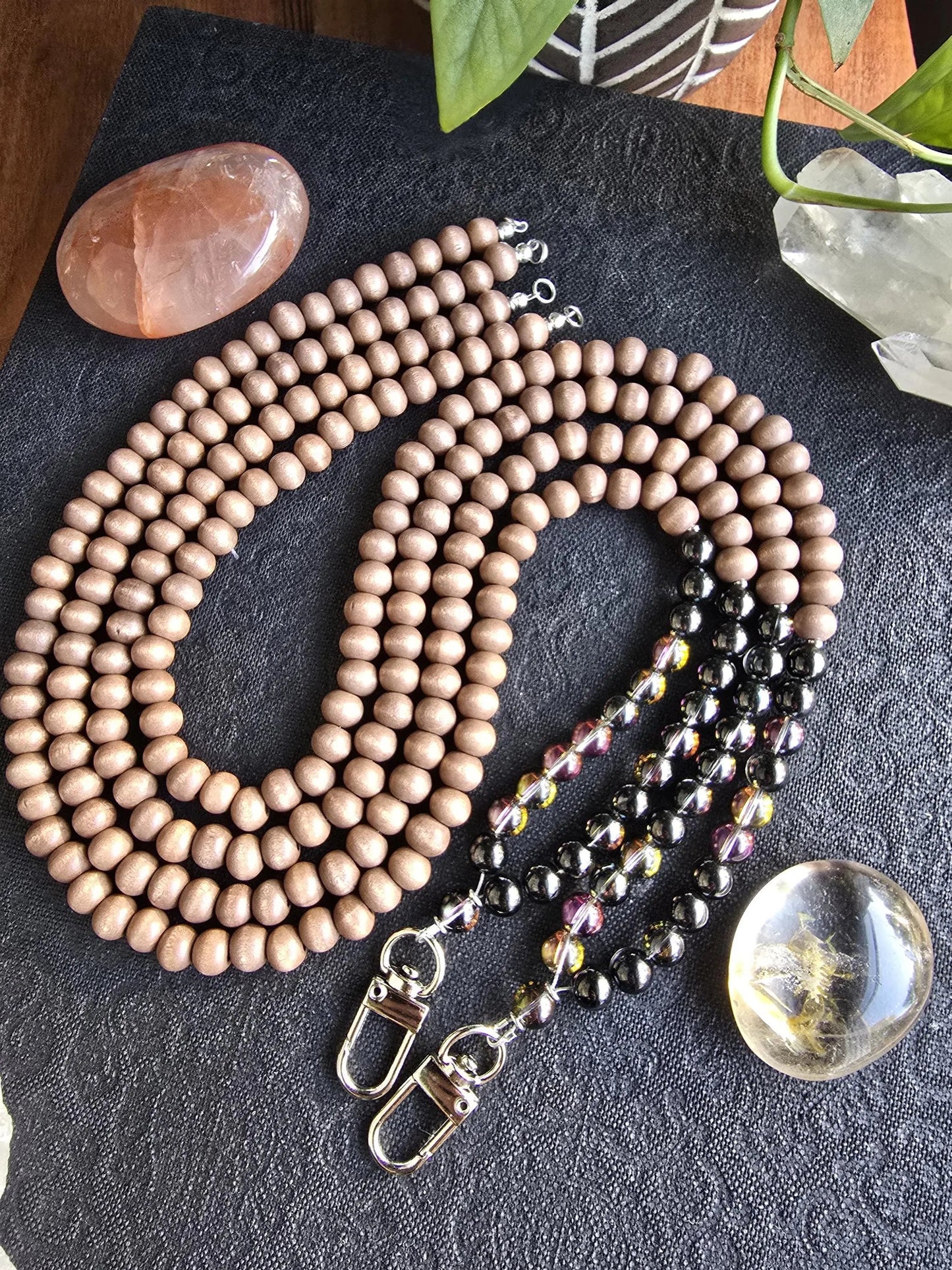 Mystic Smoky Quartz Lanyard | Handmade | Dark Wood Minimalist ID holder | Breakaway Clasp Option