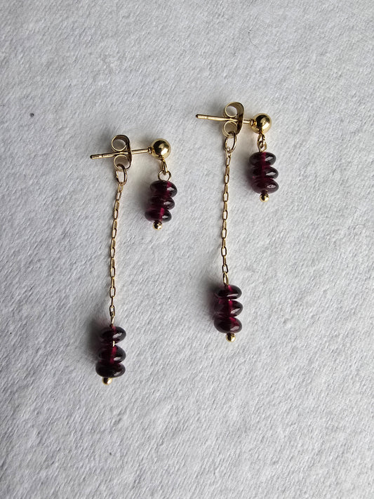 Garnet Earrings with Chain Dangle – Gold Plated Stud Earrings, Modern Minimal Stone Drops Sacred Sol Design