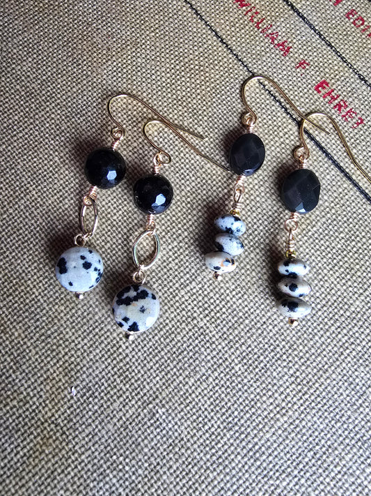 Dalmatian Jasper & Faceted Black Agate Drop Earrings - Gold Plated Earrings Sacred Sol Design