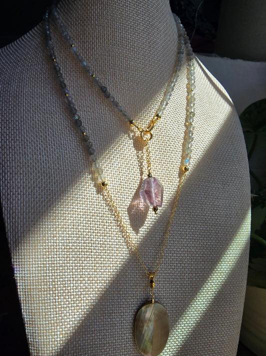 Solstice Drift Necklace | Labradorite, Amethyst & Mother of Pearl Layered Drop Necklace Sacred Sol Design