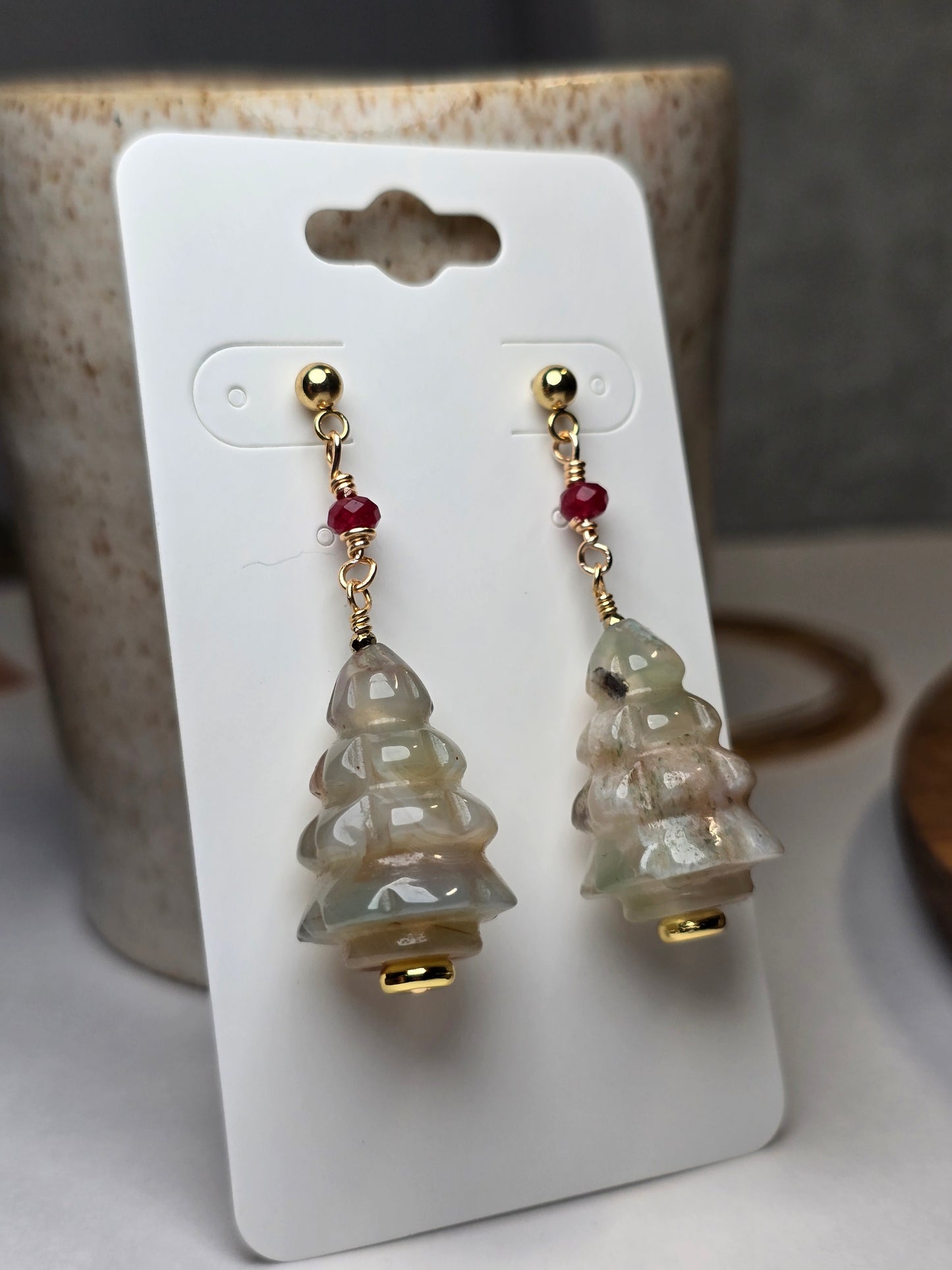 Sakura Agate & Ruby Christmas Tree Dangle Earrings Sacred Sol Design