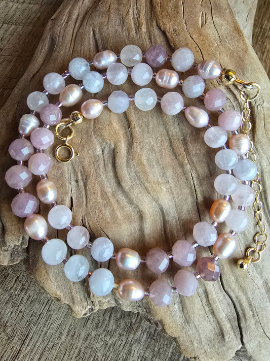 Rose Quartz and Pink Pearl Necklace with Crescent Moon Charm – Gold Plated Gemstone Necklace Sacred Sol Design