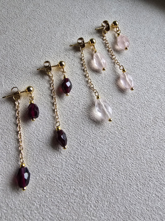 Gold Drop Earrings with Garnet or Rose Quartz - Dainty Chain Dangle Earrings - Minimal Gemstone Earrings Sacred Sol Design