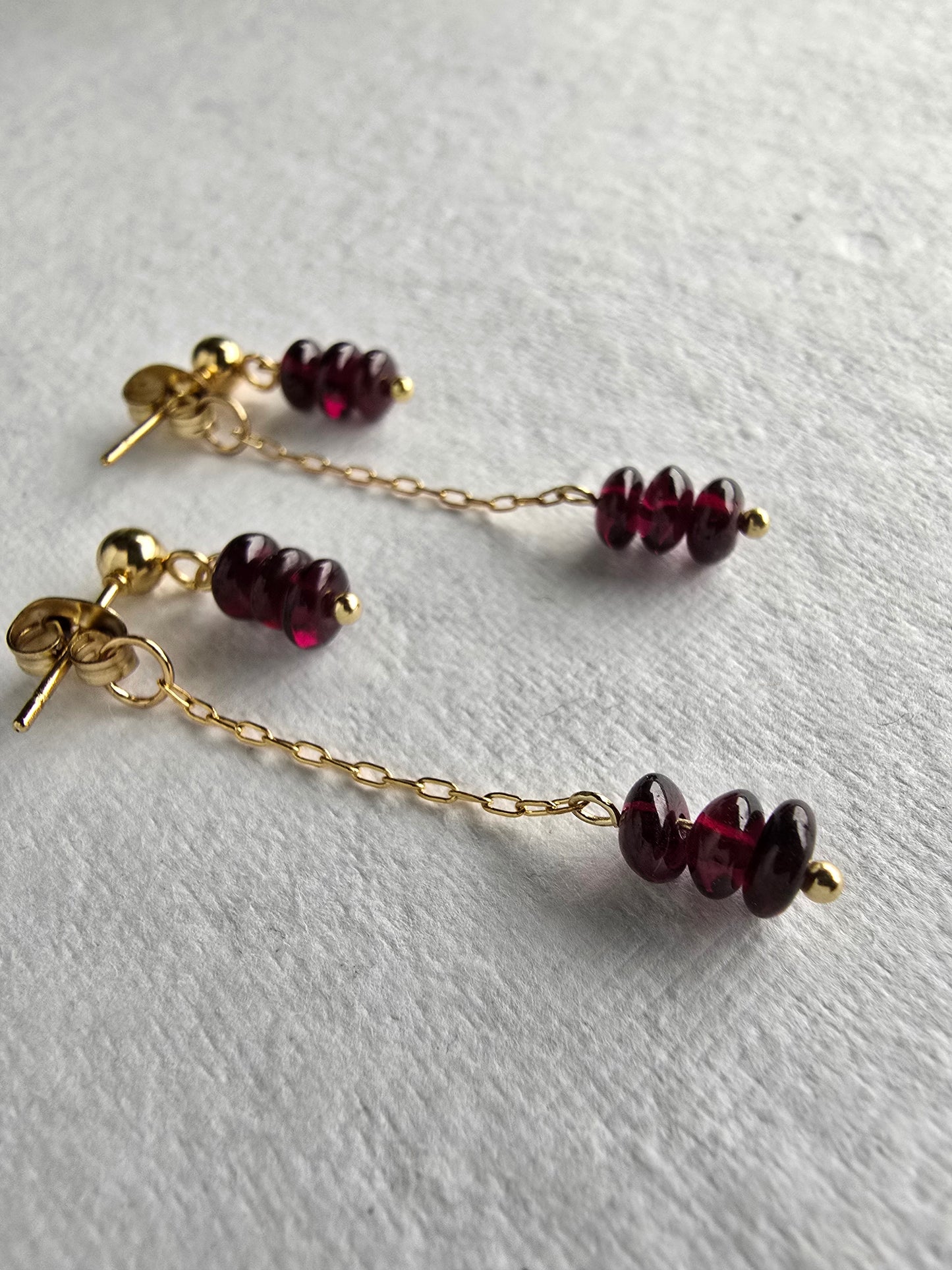 Garnet Earrings with Chain Dangle – Gold Plated Stud Earrings, Modern Minimal Stone Drops Sacred Sol Design
