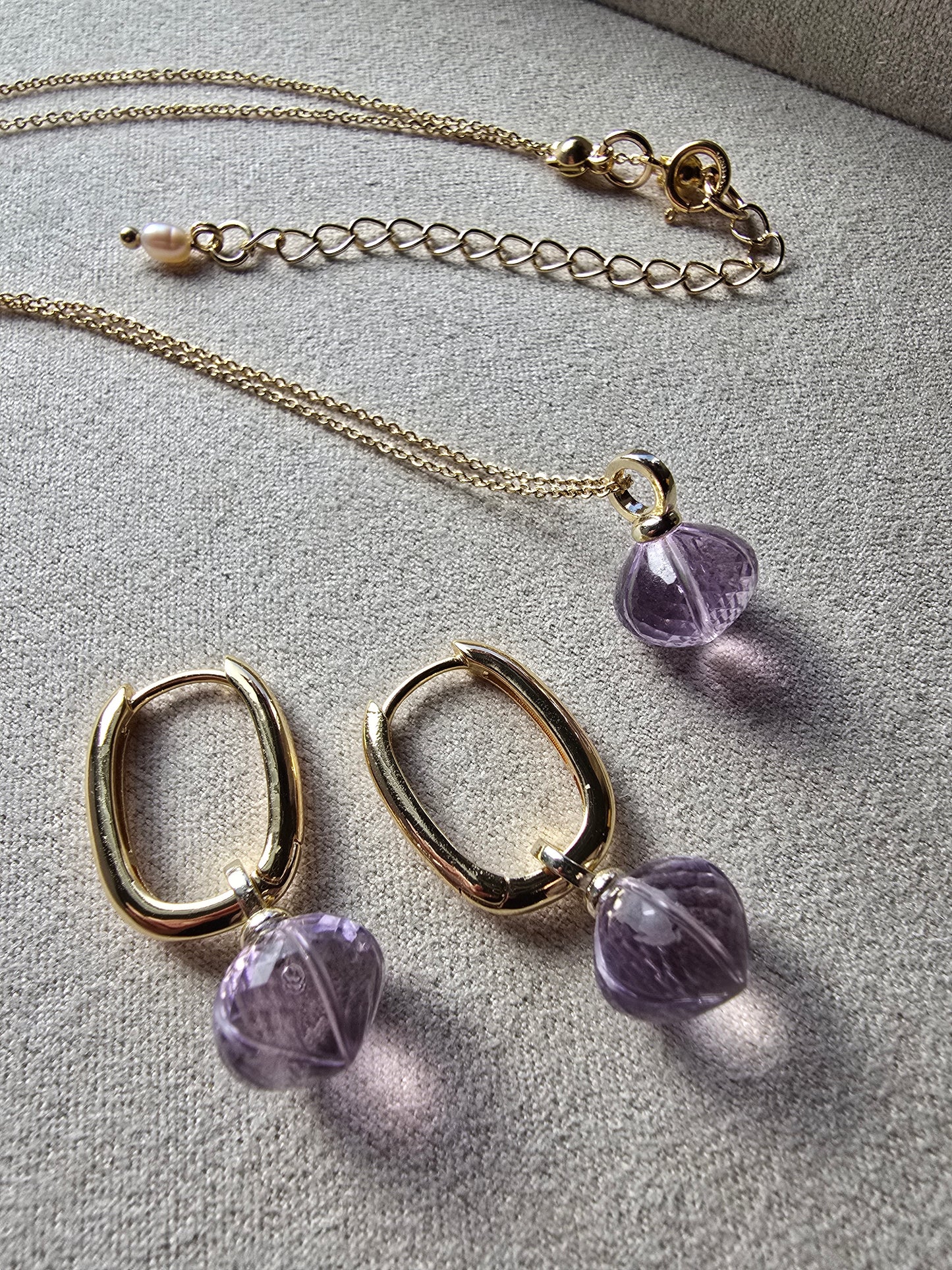 AAA Carved Gemstone Drop Hoop Earrings & Necklaces | Green Amethyst, Purple Amethyst, Prasiolite | Gold Hoop Earings Sacred Sol Design