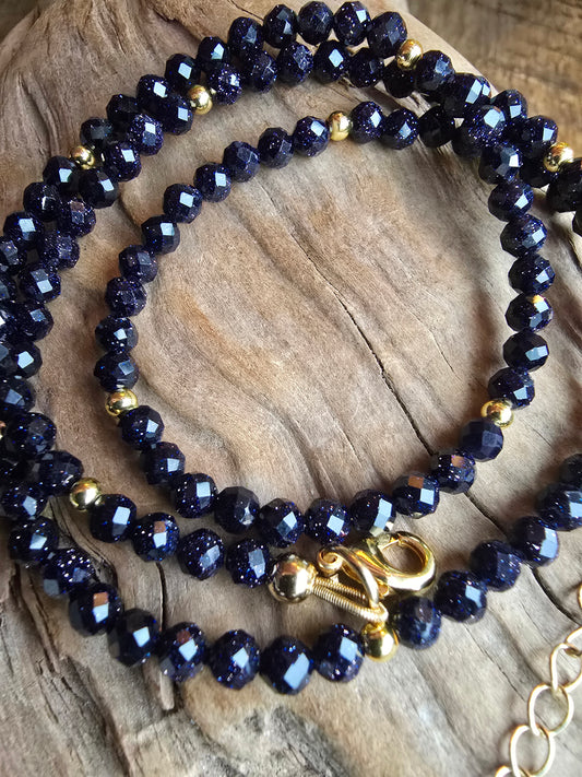 Midnight Blue Goldstone Necklace – Faceted Gemstone – Gold Filled – 21” Layering Necklace Sacred Sol Design