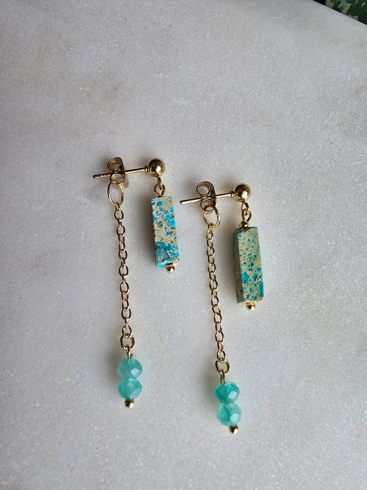 Turquoise Jasper Bar Earrings with Chain Dangle – Gold Plated Stud Earrings, Modern Minimal Stone Drops Sacred Sol Design