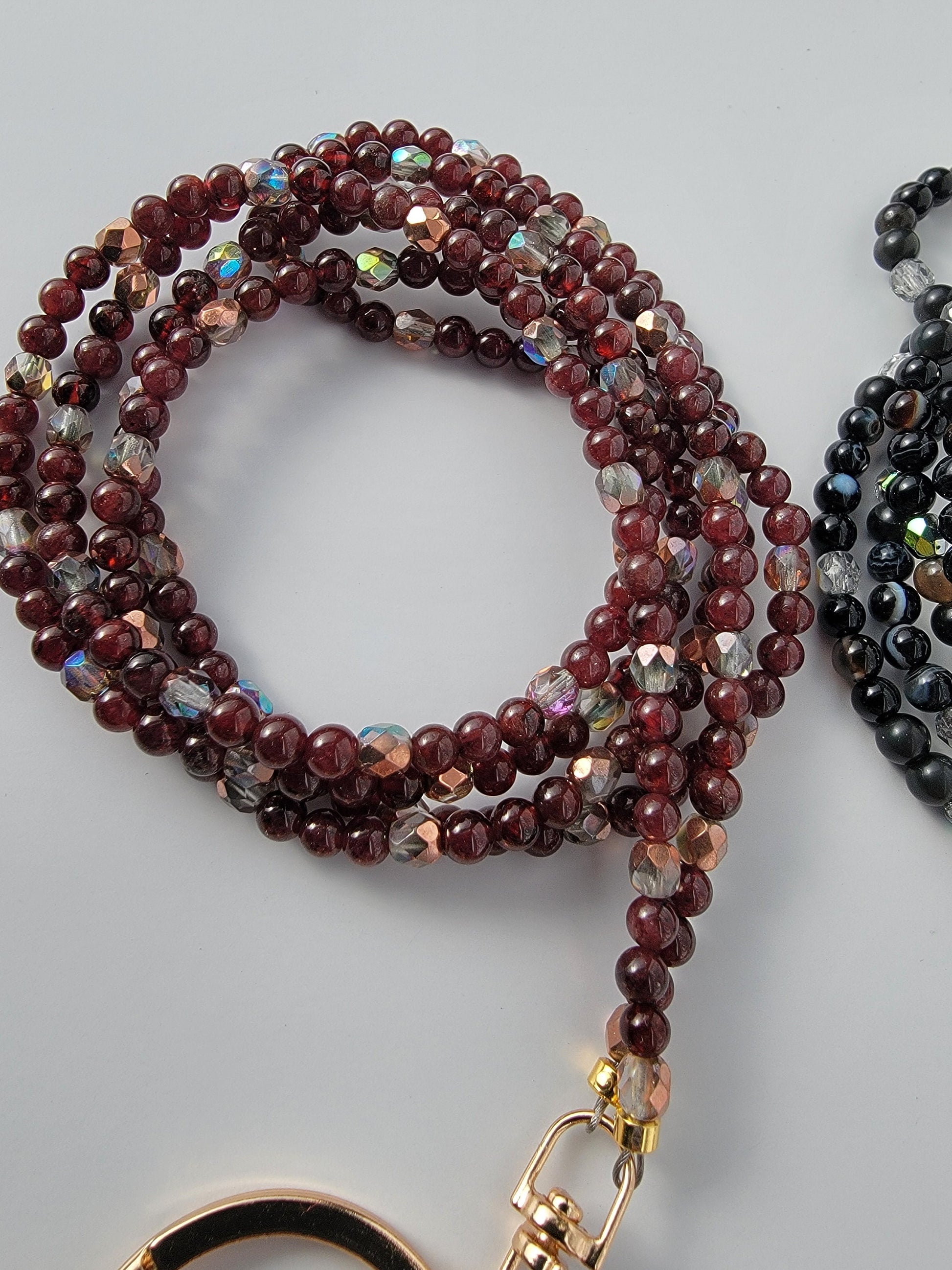 Dainty Garnet Gemstone Lanyard | 4mm Beaded ID Holder | Magnetic Clasp Jewelry Lanyard | Personalized | Handmade