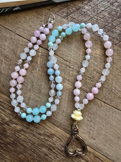 Beaded Teacher Lanyard | Lotus Flower Lanyard | Rose Quartz & Kunzite Lanyard | Personalized | Handmade