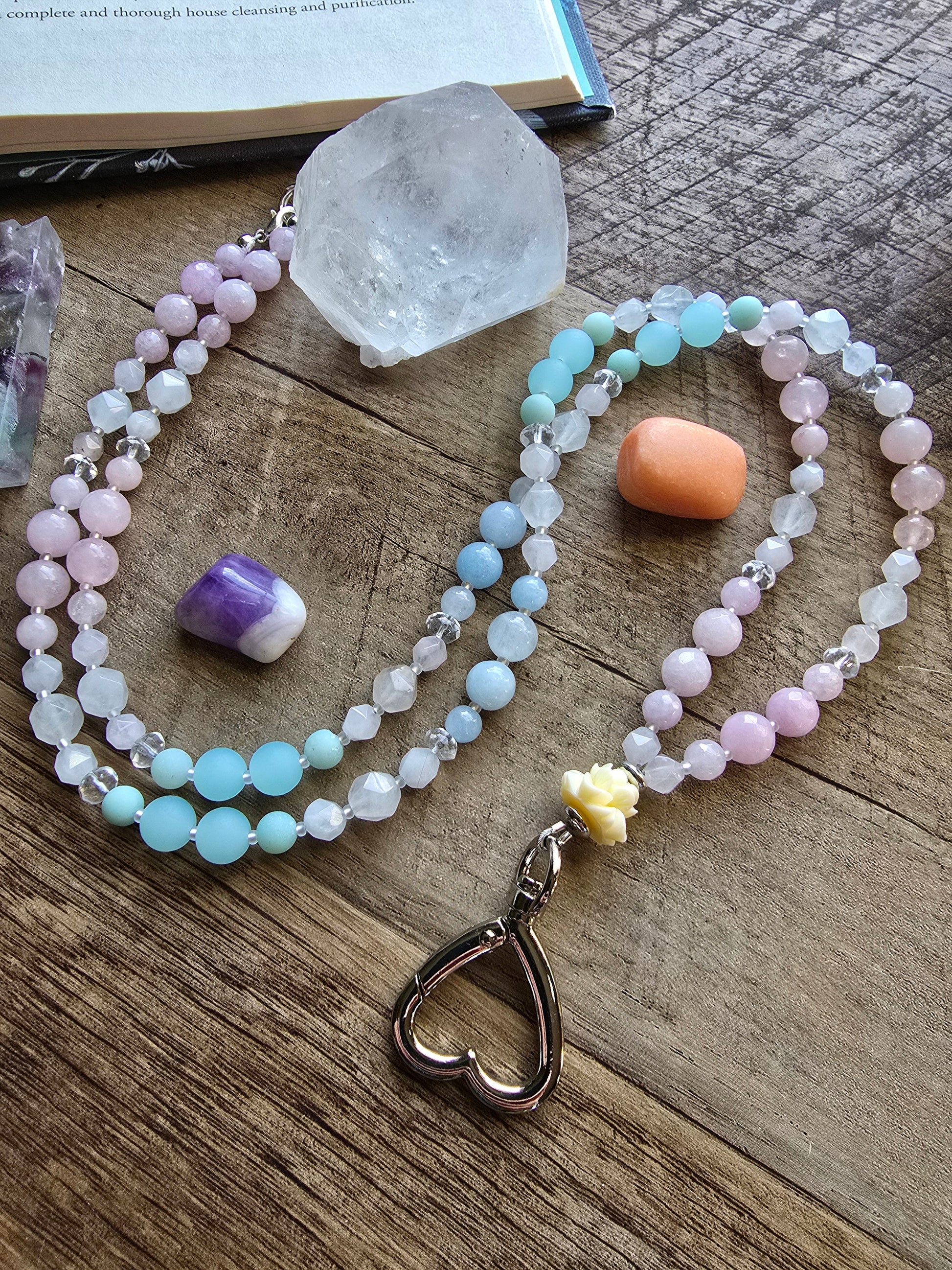 Beaded Teacher Lanyard | Lotus Flower Lanyard | Rose Quartz & Kunzite Lanyard | Personalized | Handmade
