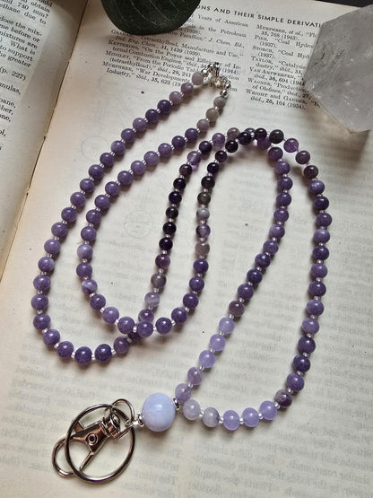 Purple Beaded Lanyard | Magnetic Clasp Breakaway Lanyard | ID Card Holder | Teacher Lanyard | Gemstone Lanyard | Personalized | Handmade