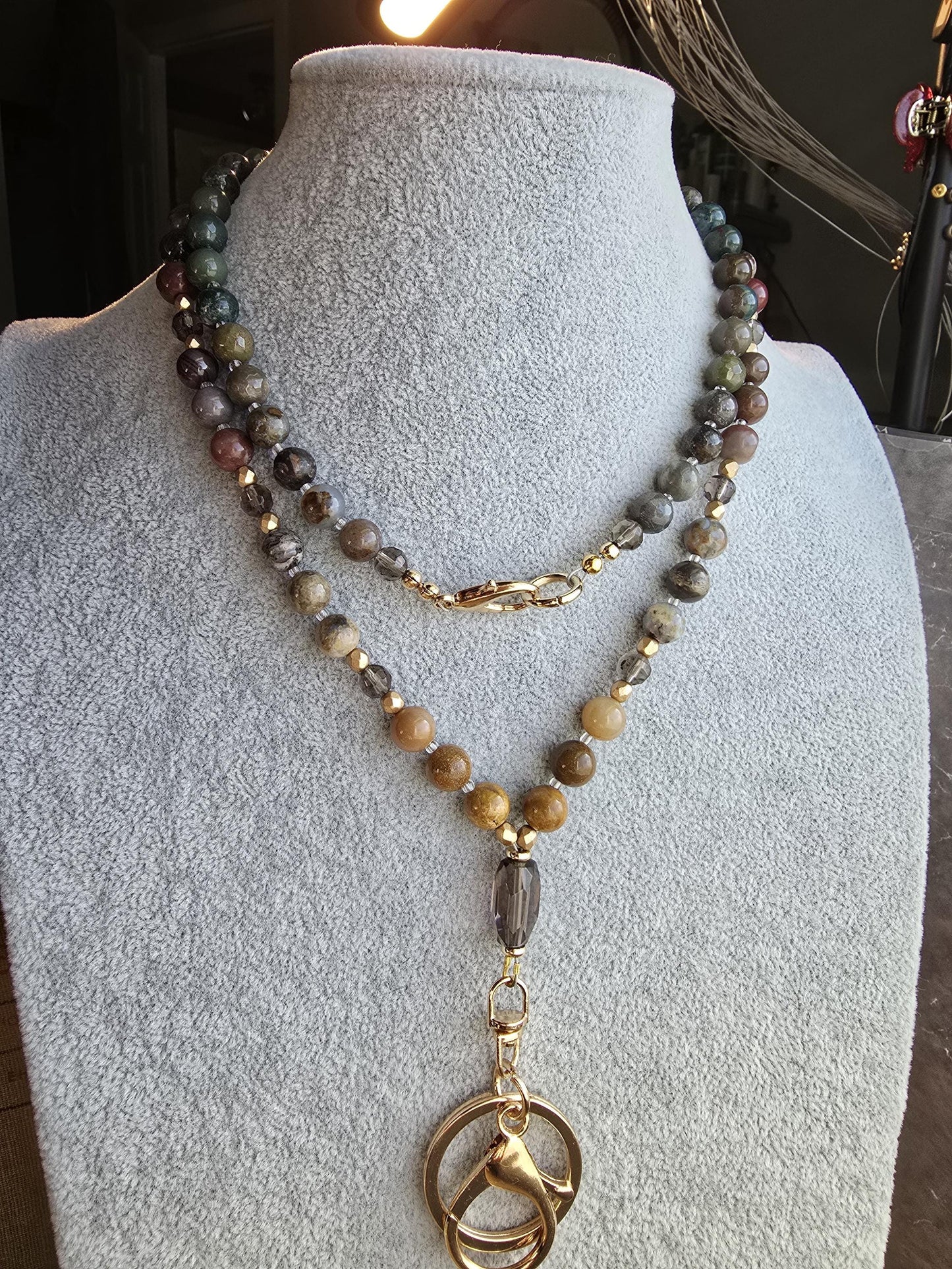 Natural Stone Teacher Lanyard | Ocean Jasper, India Agate & Smokey Quartz Earthy Toned | Gemstone Badge Holder | Handmade Personalized