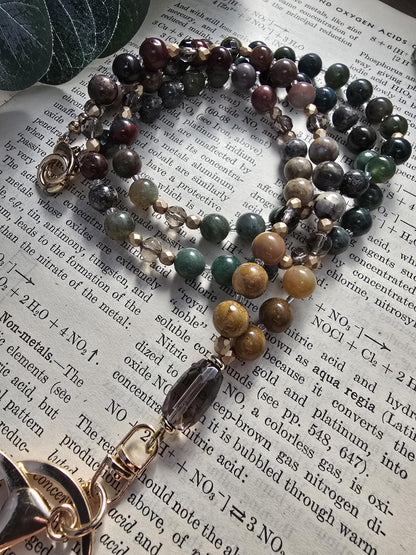 Natural Stone Teacher Lanyard | Ocean Jasper, India Agate & Smokey Quartz Earthy Toned | Gemstone Badge Holder | Handmade Personalized