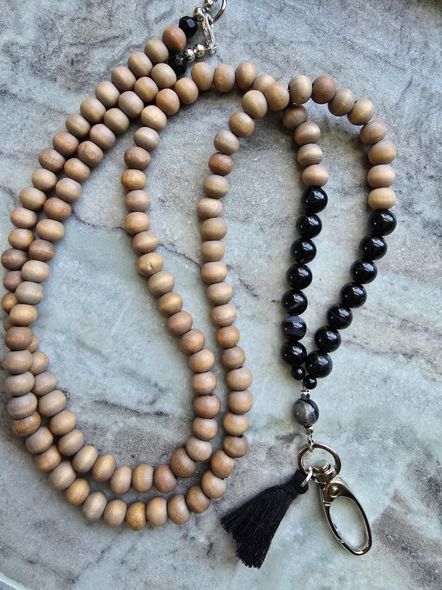 Black Banded Agate & Wood Bead Lanyard | Natural Gemstone Lanyard | Personalized