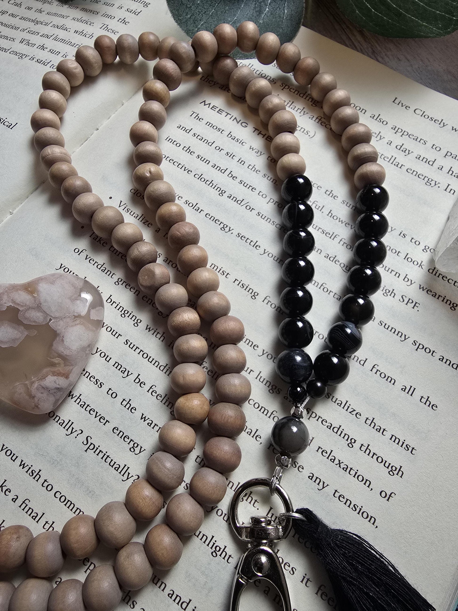 Black Banded Agate & Wood Bead Lanyard | Natural Gemstone Lanyard | Personalized