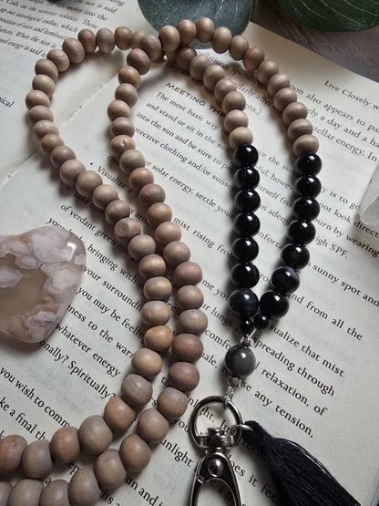 Black Banded Agate & Wood Bead Lanyard | Natural Gemstone Lanyard | Personalized