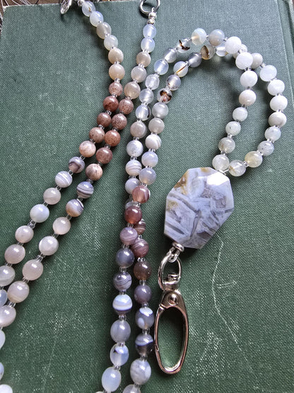 Beaded Lanyard with Botswana Agate, Labradorite, Grey Agate | Natural Gemstone Lanyard | Personalized