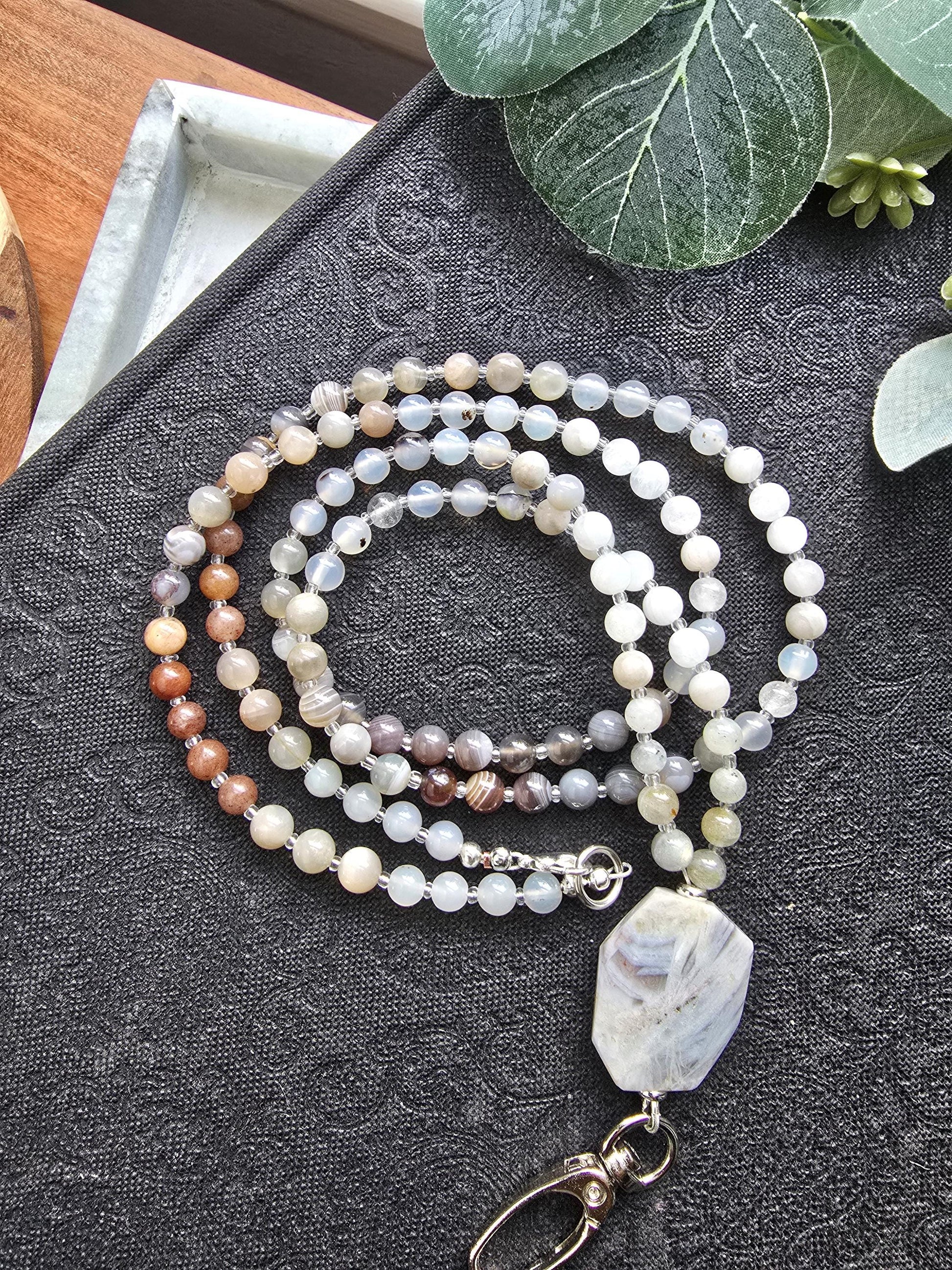 Beaded Lanyard with Botswana Agate, Labradorite, Grey Agate | Natural Gemstone Lanyard | Personalized