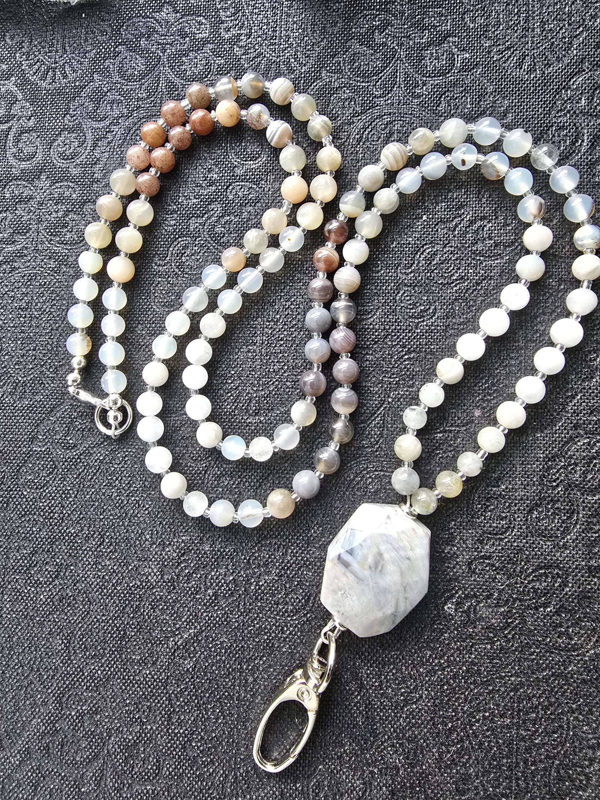 Beaded Lanyard with Botswana Agate, Labradorite, Grey Agate | Natural Gemstone Lanyard | Personalized