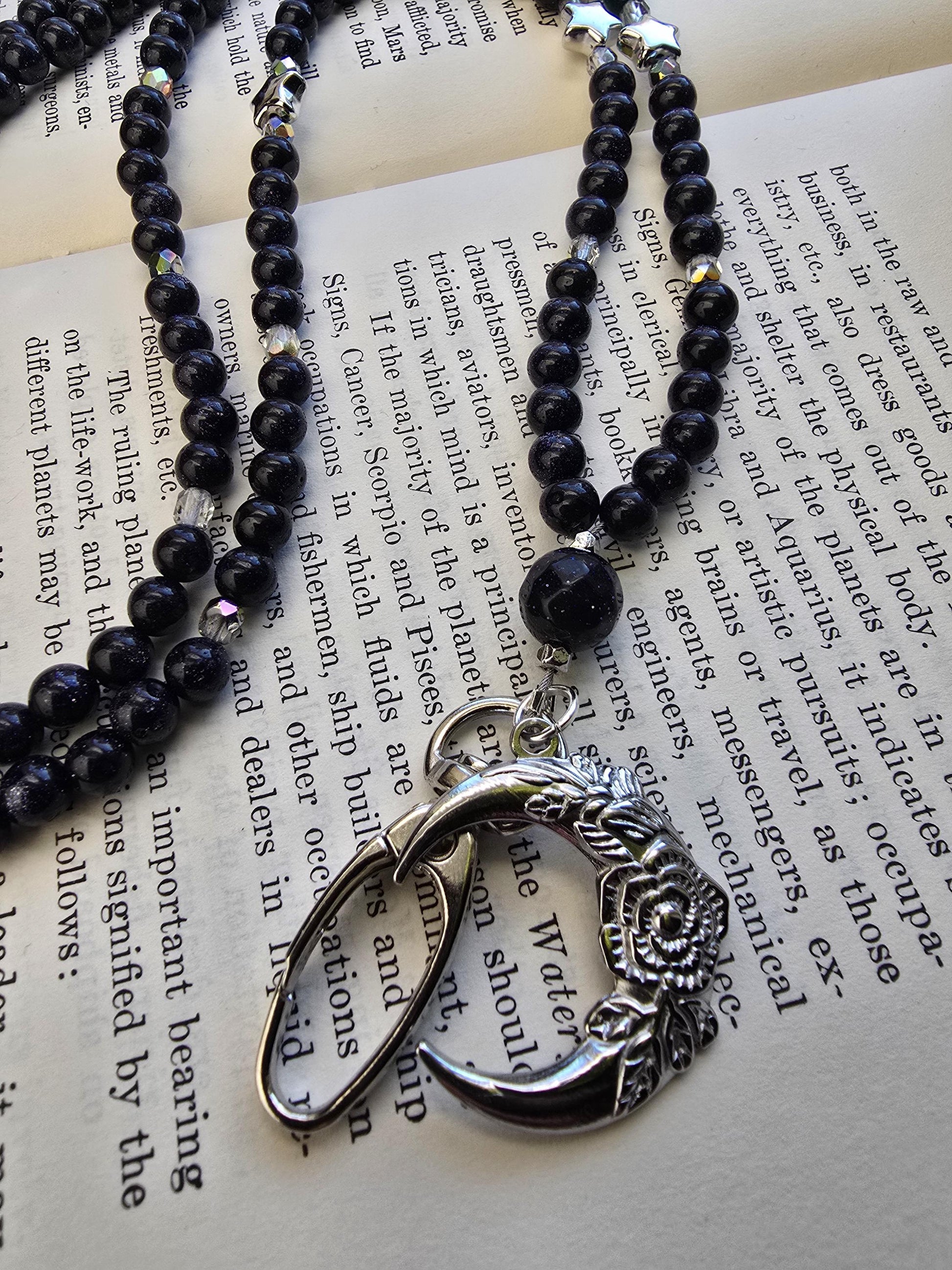 Witchy Gemstone Beaded Lanyard with Blue Goldstone and moons & stars charm | Bookish Fantasy Gift | Witchy gift | Personalized Handmade