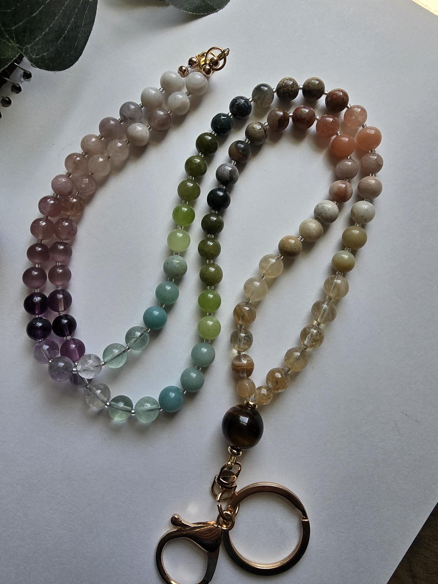 Gemstone Beaded Lanyard: Tiger Eye, Agate, Jade - Magnetic Clasp | Personalized | Handmade