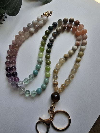 Gemstone Beaded Lanyard: Tiger Eye, Agate, Jade - Magnetic Clasp | Personalized | Handmade
