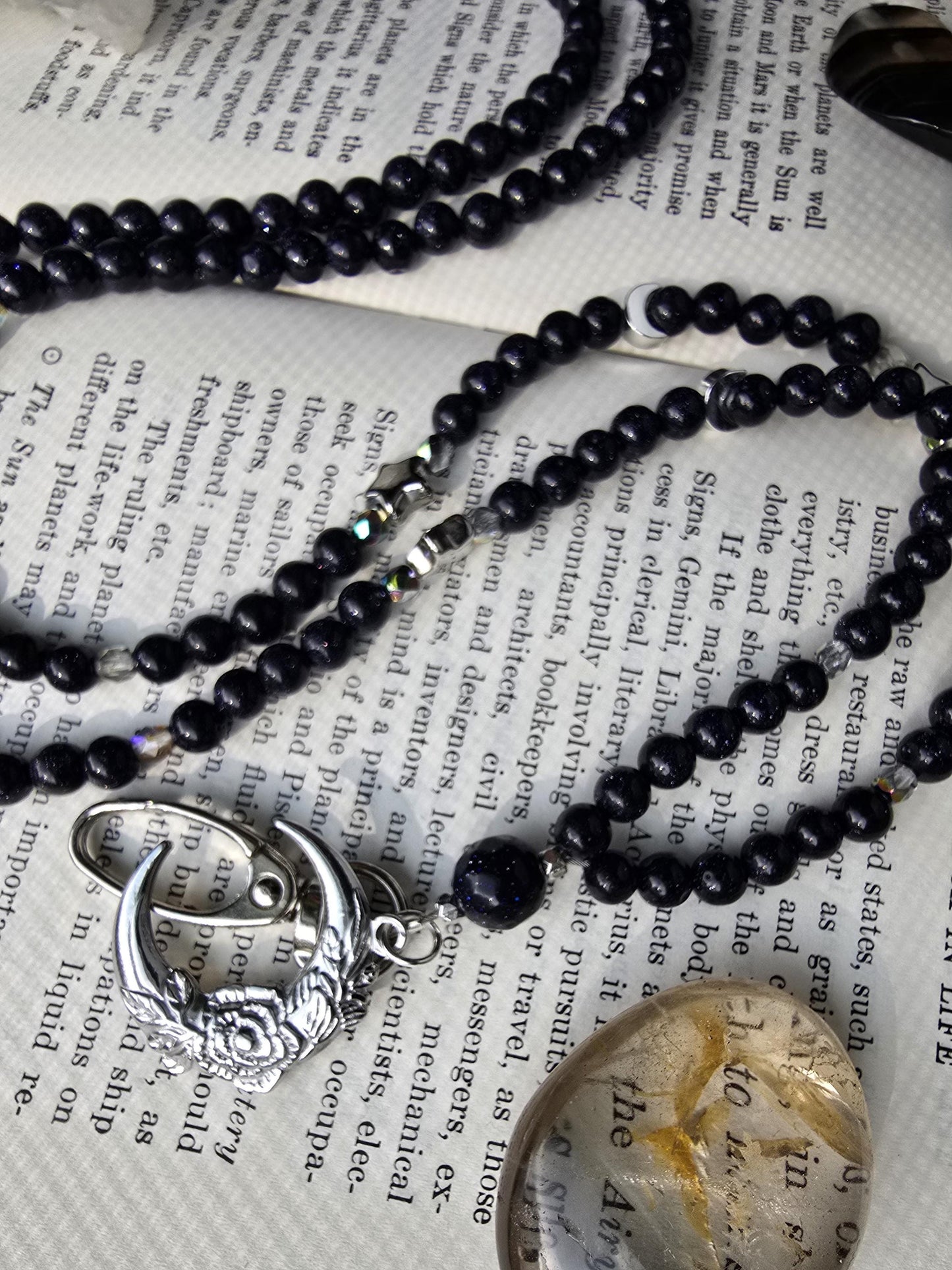 Witchy Gemstone Beaded Lanyard with Blue Goldstone and moons & stars charm | Bookish Fantasy Gift | Witchy gift | Personalized Handmade