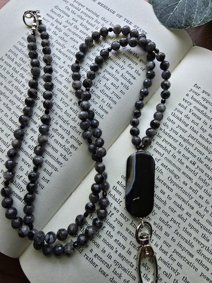 Banded Agate Lanyard | Larvikite Beaded ID Holder | Unique Gemstone Lanyard | Optional Magnetic Breakaway Clasp | Personalized | Handmade