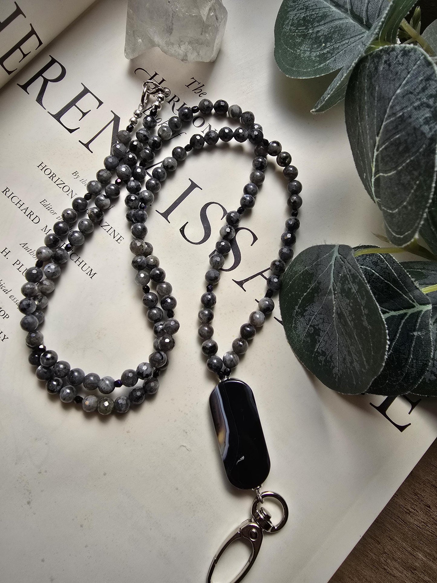 Banded Agate Lanyard | Larvikite Beaded ID Holder | Unique Gemstone Lanyard | Optional Magnetic Breakaway Clasp | Personalized | Handmade