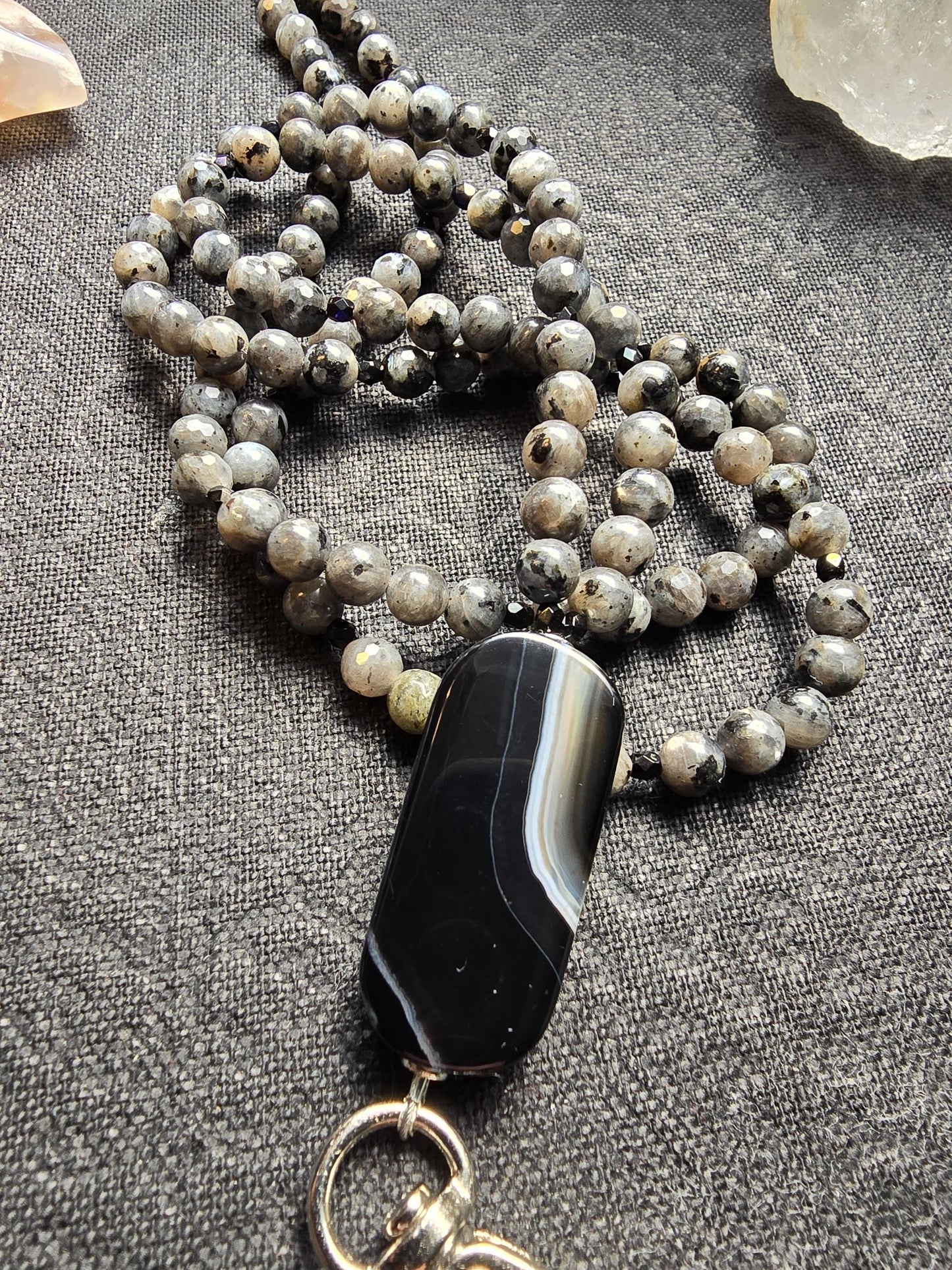 Banded Agate Lanyard | Larvikite Beaded ID Holder | Unique Gemstone Lanyard | Optional Magnetic Breakaway Clasp | Personalized | Handmade