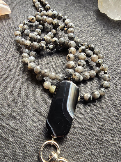 Banded Agate Lanyard | Larvikite Beaded ID Holder | Unique Gemstone Lanyard | Optional Magnetic Breakaway Clasp | Personalized | Handmade