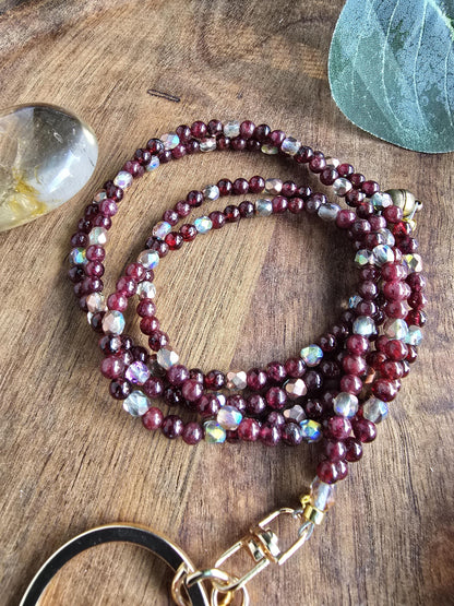 Dainty Garnet Gemstone Lanyard | 4mm Beaded ID Holder | Magnetic Clasp Jewelry Lanyard | Personalized | Handmade