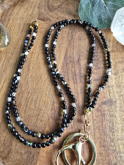 Dainty Black Sardonyx Gemstone Lanyard | 4mm Beaded ID Holder | Magnetic Clasp Jewelry Lanyard | Personalized | Handmade