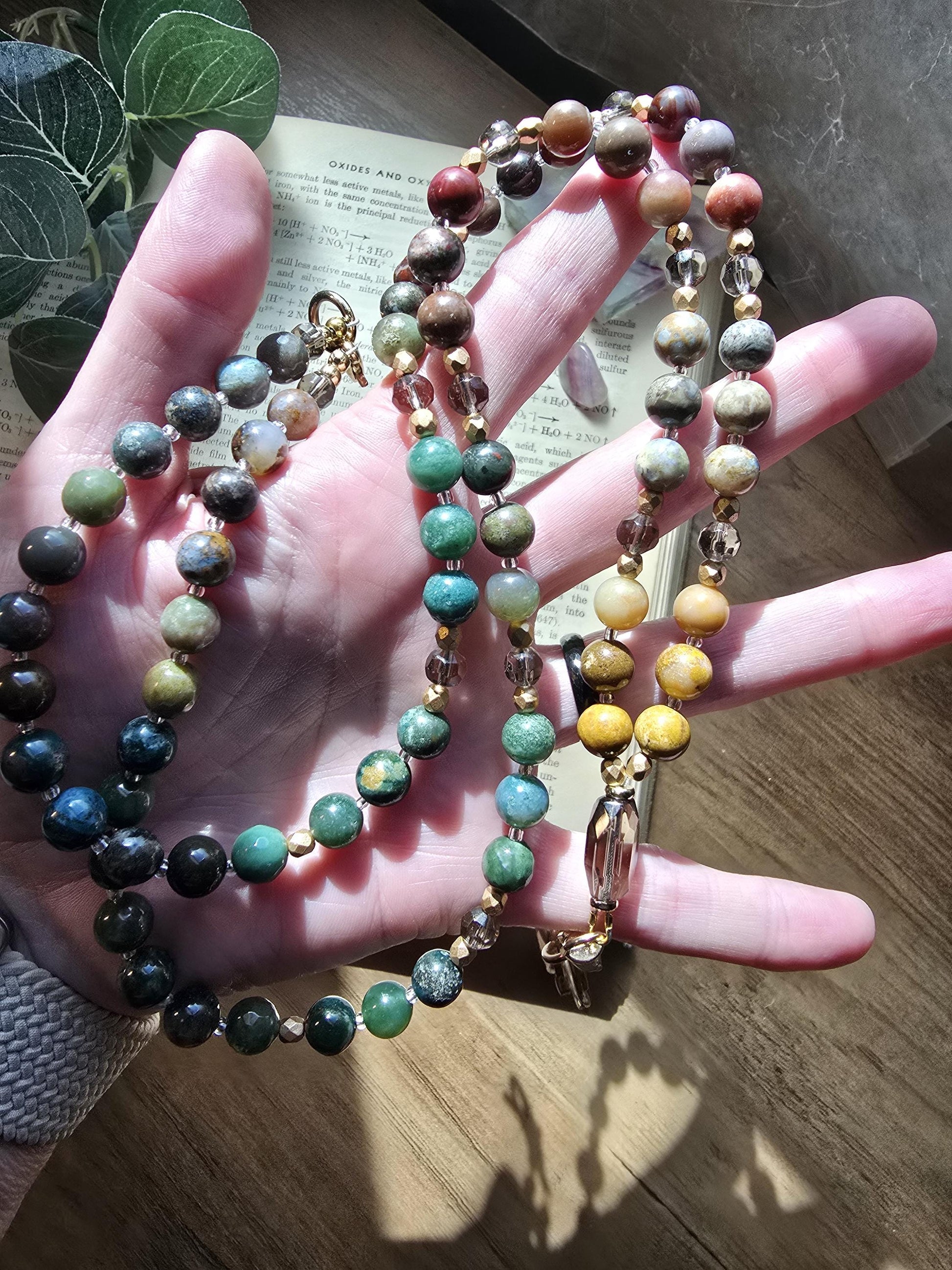 Natural Stone Teacher Lanyard | Ocean Jasper, India Agate & Smokey Quartz Earthy Toned | Gemstone Badge Holder | Handmade Personalized