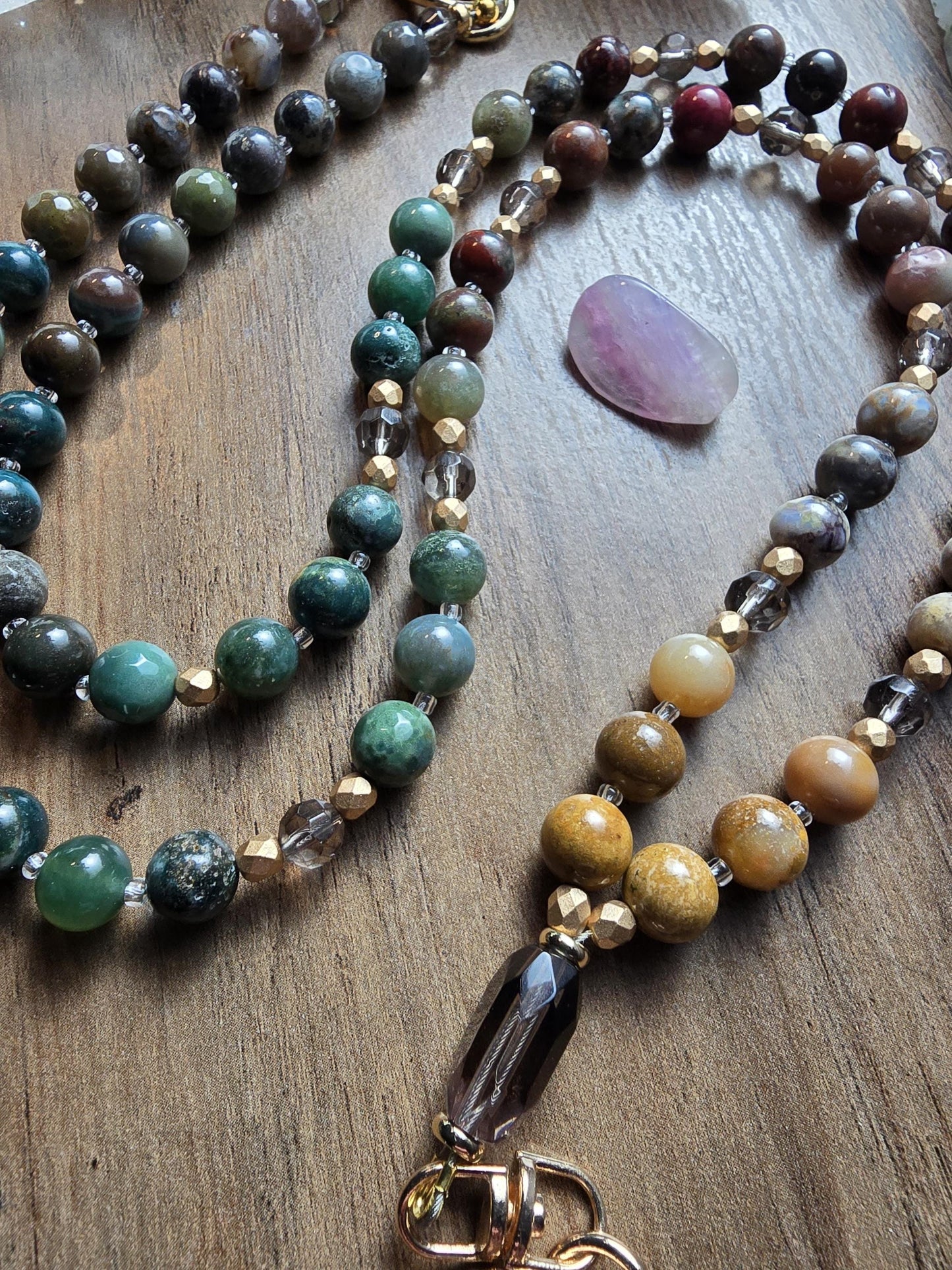 Natural Stone Teacher Lanyard | Ocean Jasper, India Agate & Smokey Quartz Earthy Toned | Gemstone Badge Holder | Handmade Personalized