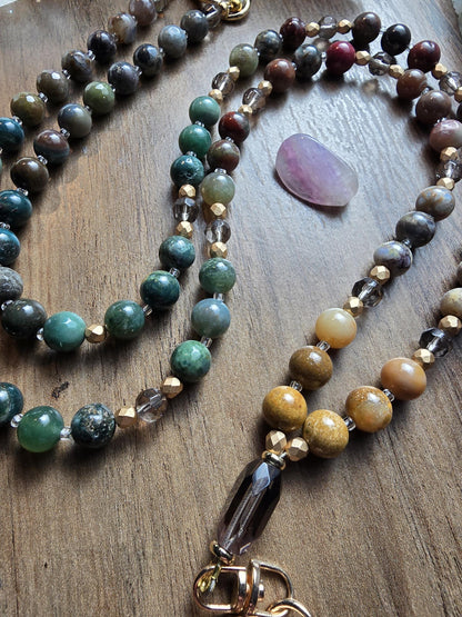 Natural Stone Teacher Lanyard | Ocean Jasper, India Agate & Smokey Quartz Earthy Toned | Gemstone Badge Holder | Handmade Personalized