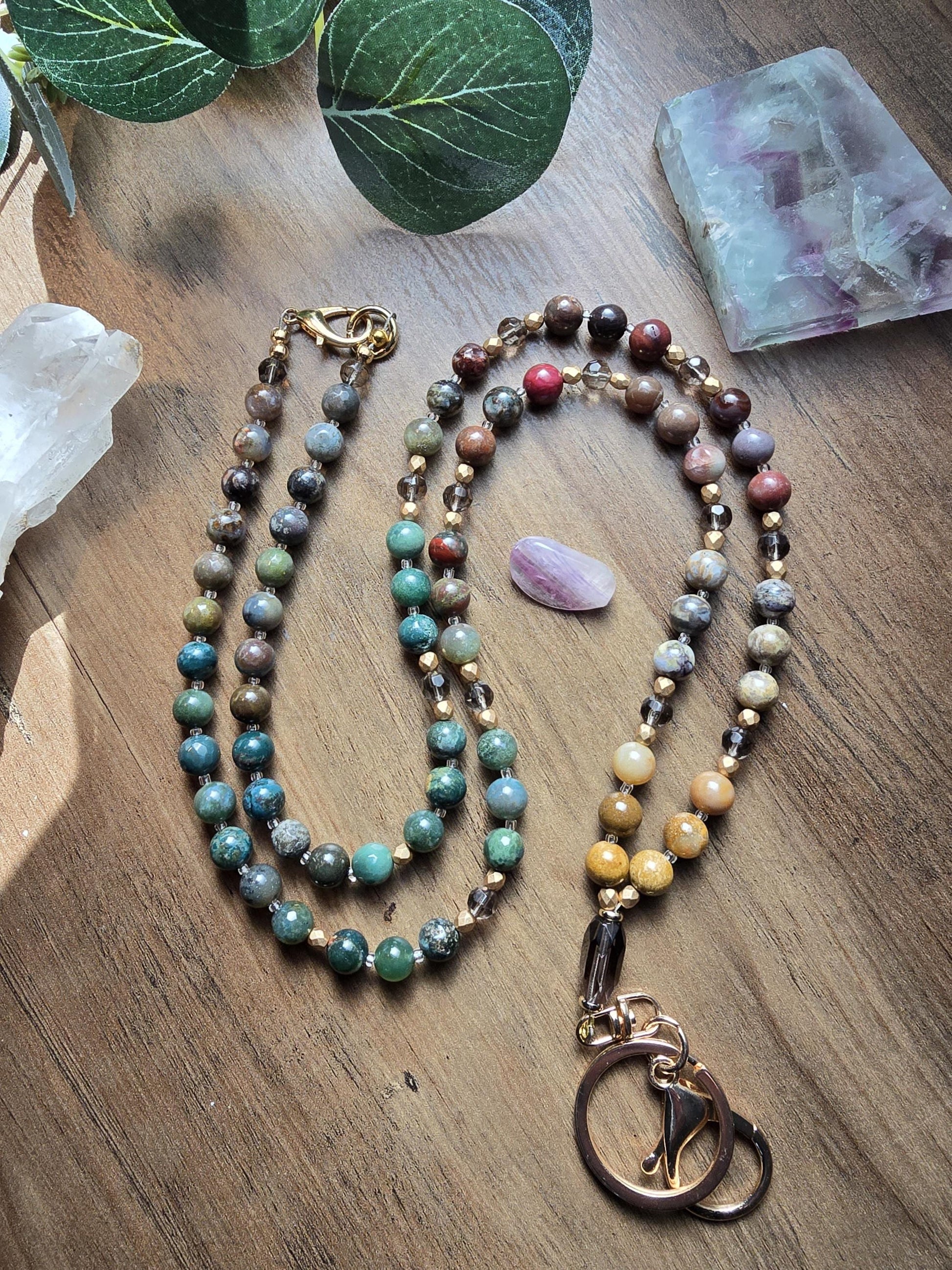 Natural Stone Teacher Lanyard | Ocean Jasper, India Agate & Smokey Quartz Earthy Toned | Gemstone Badge Holder | Handmade Personalized