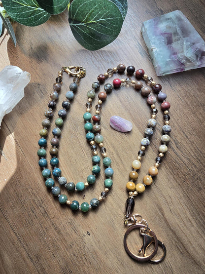 Natural Stone Teacher Lanyard | Ocean Jasper, India Agate & Smokey Quartz Earthy Toned | Gemstone Badge Holder | Handmade Personalized