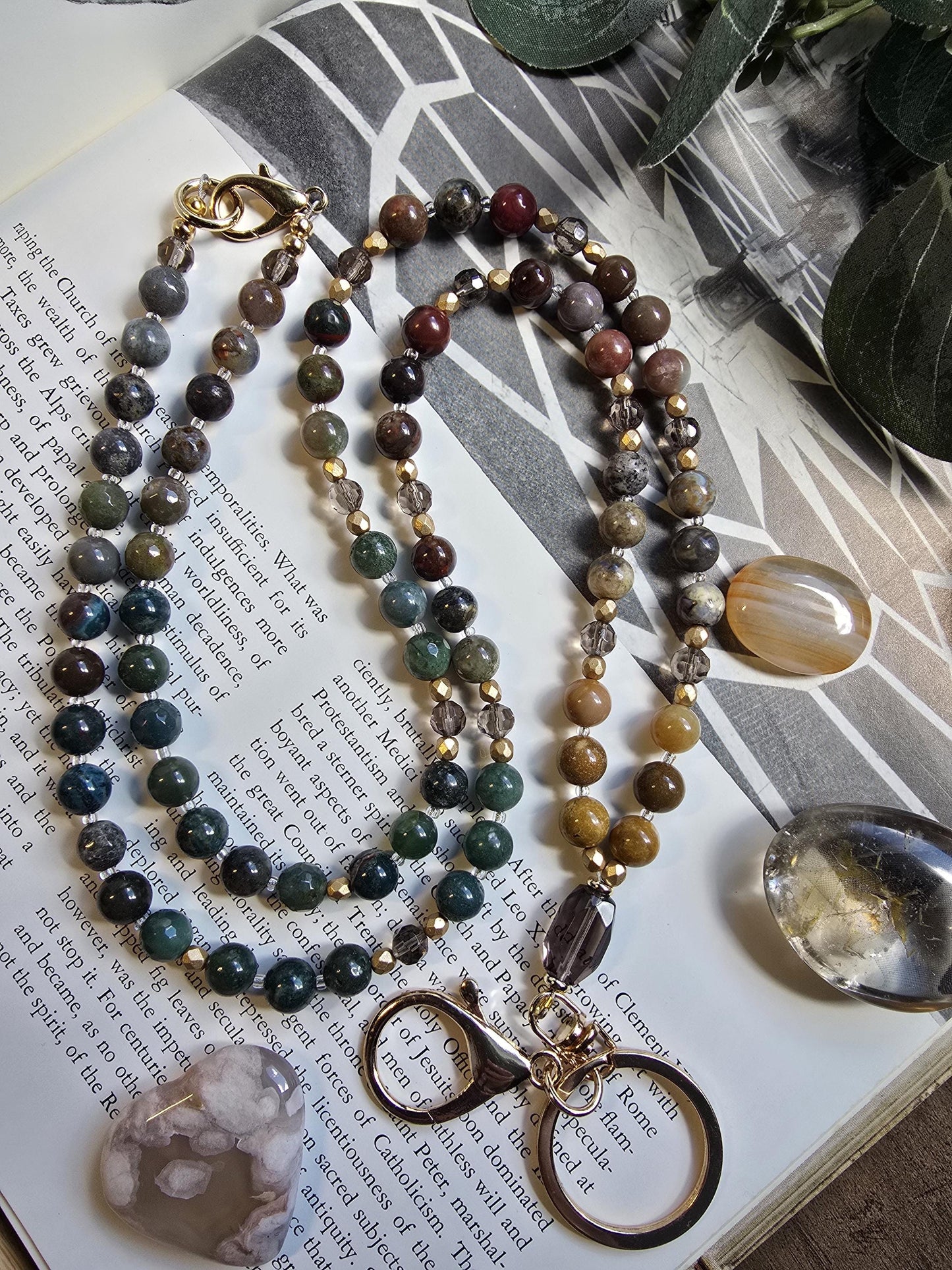 Natural Stone Teacher Lanyard | Ocean Jasper, India Agate & Smokey Quartz Earthy Toned | Gemstone Badge Holder | Handmade Personalized