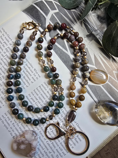 Natural Stone Teacher Lanyard | Ocean Jasper, India Agate & Smokey Quartz Earthy Toned | Gemstone Badge Holder | Handmade Personalized