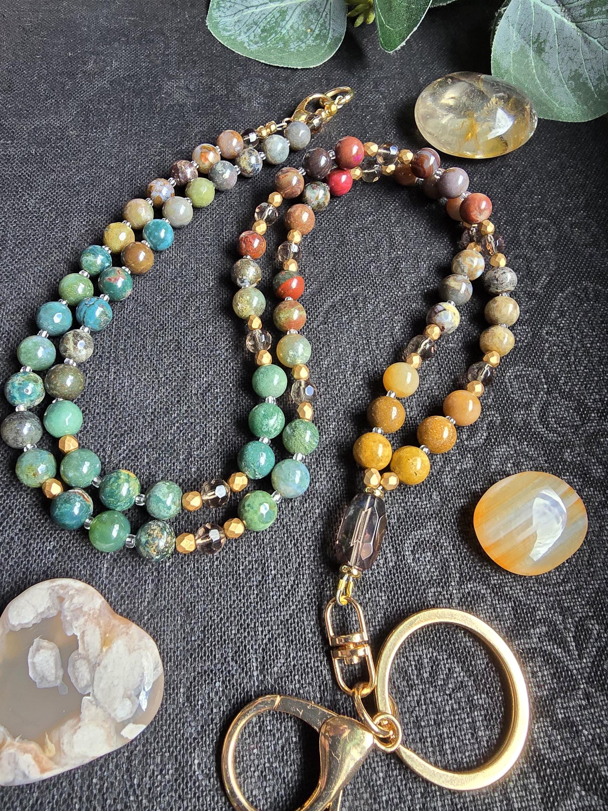 Natural Stone Teacher Lanyard | Ocean Jasper, India Agate & Smokey Quartz Earthy Toned | Gemstone Badge Holder | Handmade Personalized