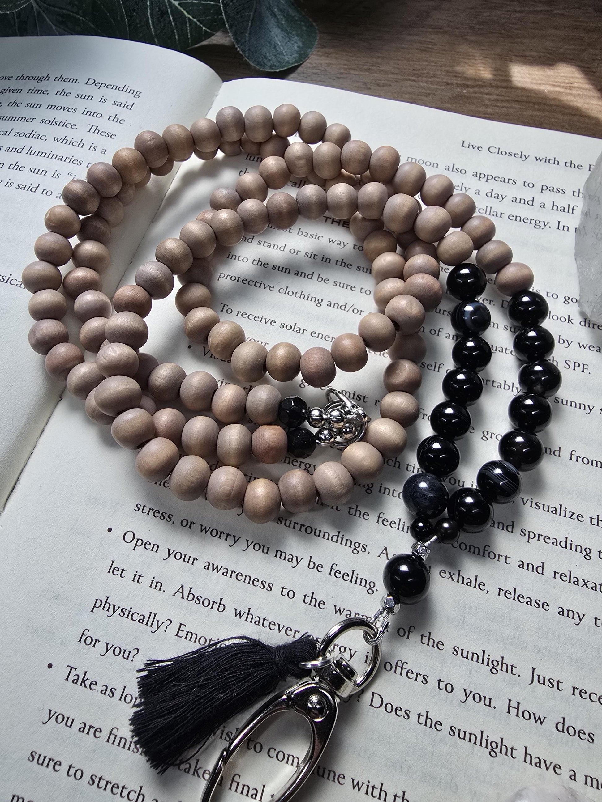 Black Banded Agate & Wood Bead Lanyard | Natural Gemstone Lanyard | Personalized