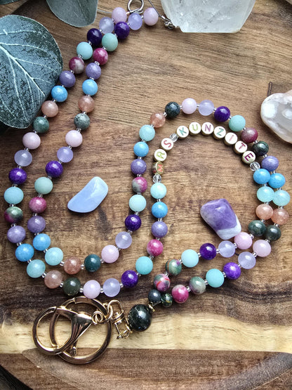 Colorful Personalized Gemstone Lanyard | Custom Name Teacher Lanyard | Colorful Beaded ID Holder | Breakaway Safety Clasp | Handmade