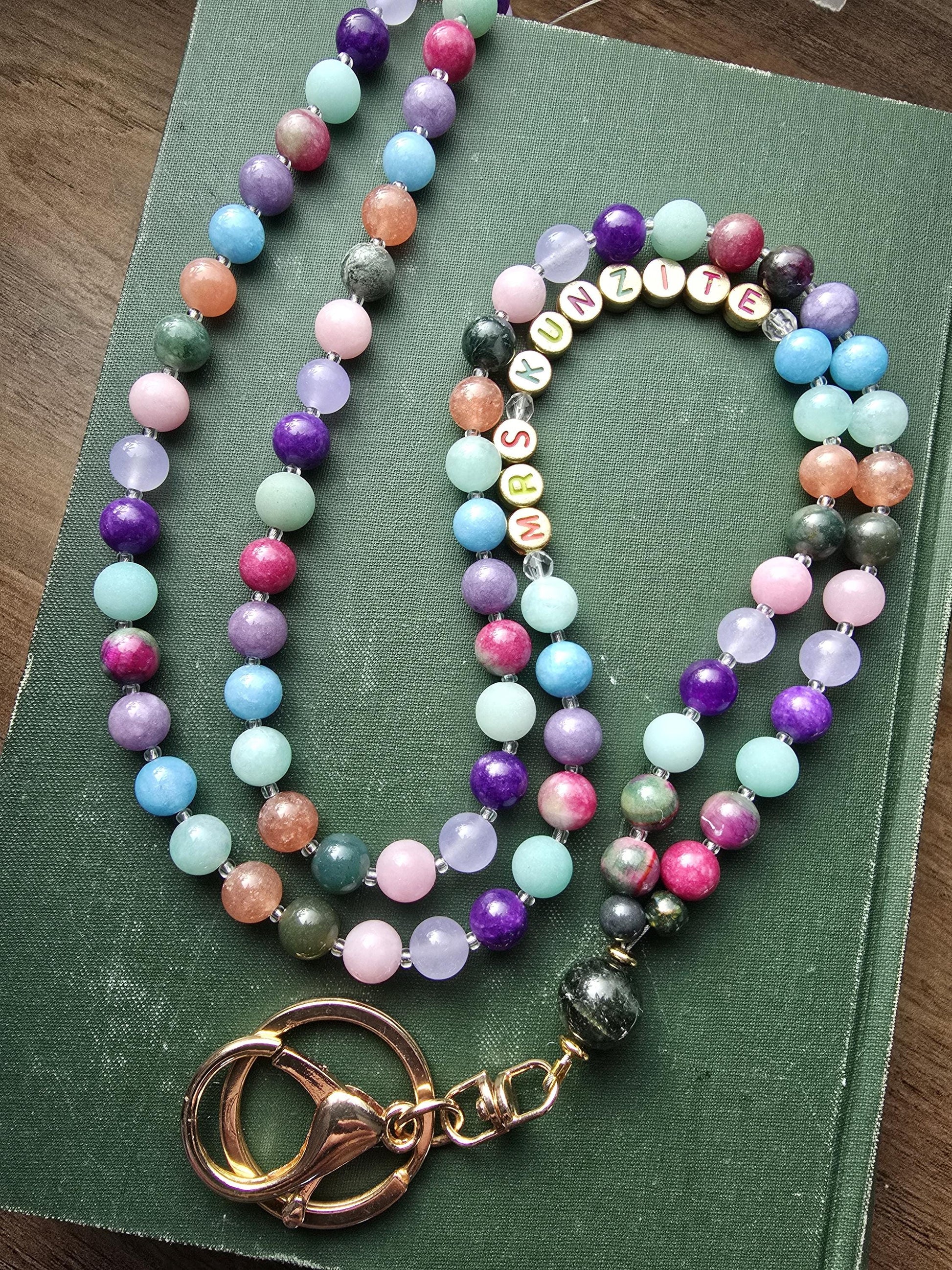 Colorful Personalized Gemstone Lanyard | Custom Name Teacher Lanyard | Colorful Beaded ID Holder | Breakaway Safety Clasp | Handmade