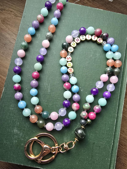 Colorful Personalized Gemstone Lanyard | Custom Name Teacher Lanyard | Colorful Beaded ID Holder | Breakaway Safety Clasp | Handmade
