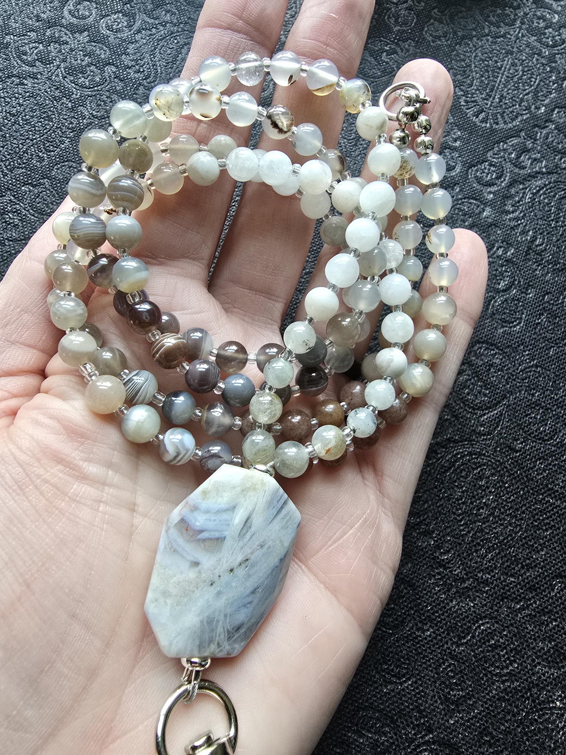 Beaded Lanyard with Botswana Agate, Labradorite, Grey Agate | Natural Gemstone Lanyard | Personalized