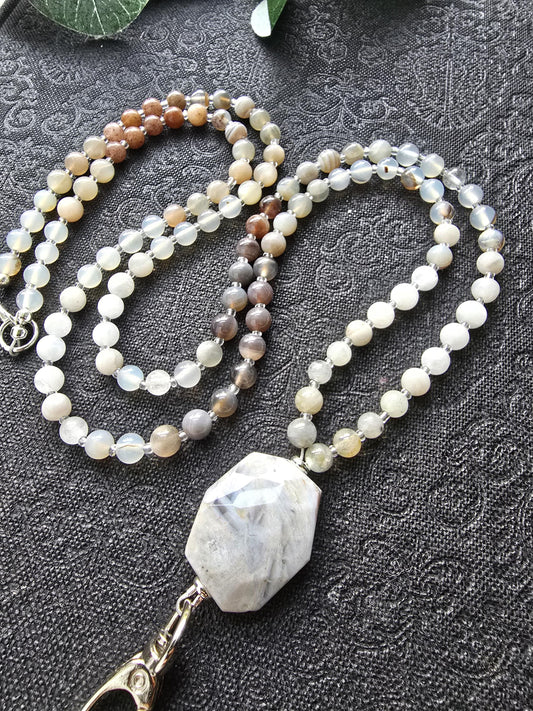 Beaded Lanyard with Botswana Agate, Labradorite, Grey Agate | Natural Gemstone Lanyard | Personalized